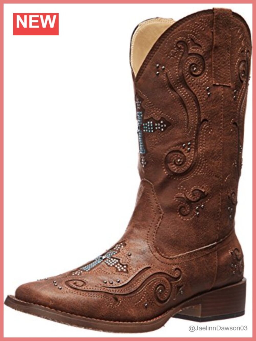 Roper Faith Rhinestone Square Toe Mid Calf Faux Leather Pull-On Boots